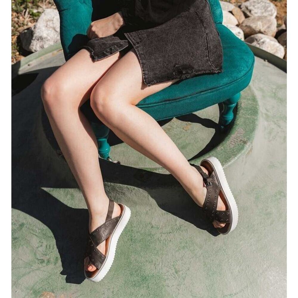 BED|STU Black Leather Crisscross Eyelet Slingback Sandals with White Sole - Picture 2 of 6